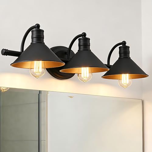 3 Light Bathroom Vanity Light Over Mirror - Farmhouse Wall Light for Bathroom Vanity Powder Room, Rustic Gooseneck Barn Style 3 Bulb Wall Sconce Over Kitchen Sink - color: Black and Gold, size: 3-Light