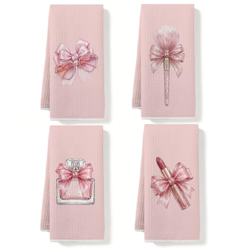 Pink Bows Kitchen Towels Set of 4 Preppy Bow Makeup Brush Tea Towels Kitchen Decor Lipstick Perfume Dish Towel Waffle Absorbent Decorative Hand Towel for Bathroom Housewarming Gifts, 14x24 Inches - color: Multi0190