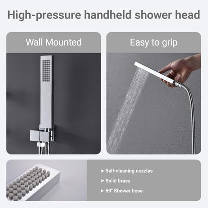 Thermostatic Shower System Chrome Shower Faucet Set, Four Modes Shower Faucet with 4 PCS Body Jet, Handheld Spray, 2 Rainfall Shower Head(12+8“) - color: Chrome, size: 12+8" Ceiling Shower