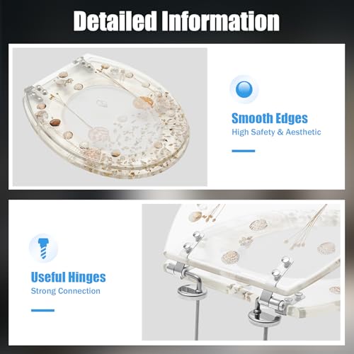 Resin Toilet Seat Round Soft Close Quick Release Heavy Duty Toilet Seats with Clear Seashells Cover Acrylic Seats Ocean Series