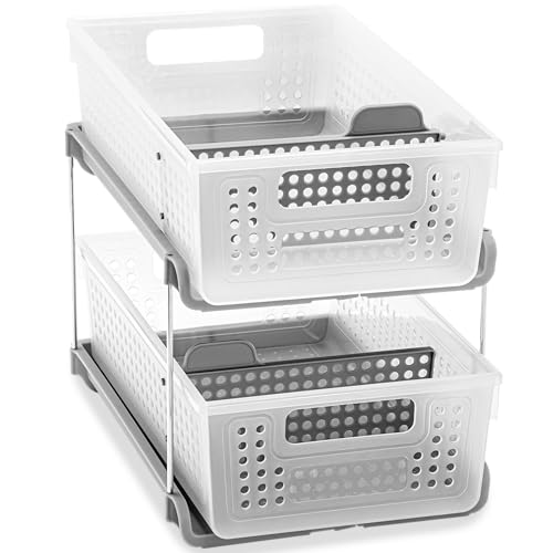 madesmart Premium 2 Tier Organizer, Under Cabinet Storage with Pull Out Sliding Drawers, for Cleaning Supplies, Undersink, Sponges, Bottles & Bath, Adjustable Dividers & Pull Out Baskets, Frost