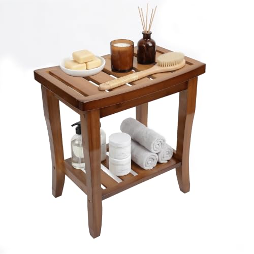 BAMBOO LAND- Bamboo Shower Bench with Storage Shelf | Waterproof Shower Stool, Spa Bath Seat, Bathroom Bench Seat for Adults, Elderly, Seniors, Indoor or Outdoor Use - color: Walnut