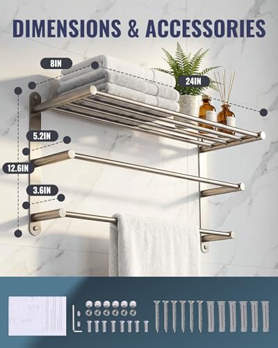 Bathroom Towel Rack Wall Mounted: 24 Inch Brushed Nickel Towel Rack with Double Towel Bar - SUS304 Stainless Steel Bath Towel Holder with Shelf for Hotel Lavatory - color: Brushed Nickel