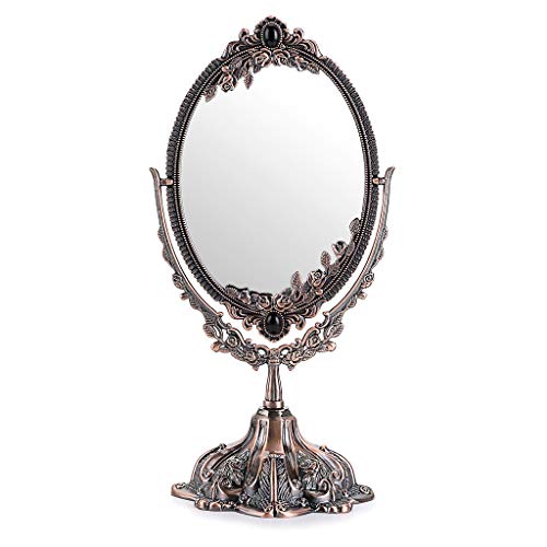 JUXYES Metal Tabletop Antique Decorative Makeup Mirror with Stand | Vintage Swivel Double Sided Cosmetic Mirror with Frame, Retro Desktop Dressing Mirror Magic Mirror for Dresser, Red Bronze - color: Red Bronze, size: 11.5"L x 5"W