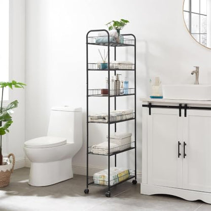 6-Tier Slim Rolling Storage Cart with Wheels, Narrow Metal Organizer Shelf Unit for Kitchen, Bathroom, Laundry Room, Office, Garage, Mobile Utility Storage Rack, Black, 10" Wide - size: 10" Wide