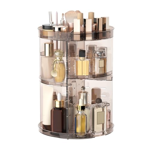 Jiavarry 360 Rotating Makeup Organizer with DIY 8 Adjustable Height, Brown | Spinning Skincare, Lipstick Slots, Brush and Perfume Storage, for Vanity Bathroom Countertop - color: Slot Top Brown