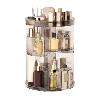 Jiavarry 360 Rotating Makeup Organizer with DIY 8 Adjustable Height, Brown | Spinning Skincare, Lipstick Slots, Brush and Perfume Storage, for Vanity Bathroom Countertop - color: Slot Top Brown