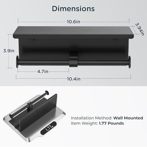 FORIOUS Toilet Paper Holder with Shelf, Commercial Toilet Paper Dispensers | Matte Black | Wall Mount Bathroom Tissue Holder | SUS304 Stainless Steel Rustproof | Double Tissue Roll Holder - color: Matte Black