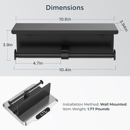 FORIOUS Toilet Paper Holder with Shelf, Commercial Toilet Paper Dispensers | Matte Black | Wall Mount Bathroom Tissue Holder | SUS304 Stainless Steel Rustproof | Double Tissue Roll Holder - color: Matte Black