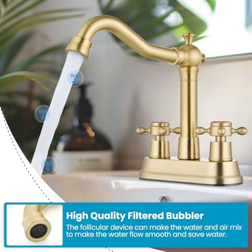 gotonovo 4 Inch Centerset Bathroom Faucet 2 Cross Handles Deck Mount 2 Hole Lavatory Vanity Utility Mixer Tap with Water Supply Hoses and Pop Up Drain RV Farmhouse, Brushed Gold - color: Brushed Gold