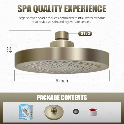 Shower Head High Pressure Rain Premium Quality Luxury Design Anti-Clogging Silicone Nozzles Adjustable Replacement for Bathroom Shower Heads (6 inch Round) - color: Nickel