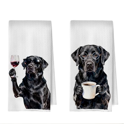 Black Lab Kitchen Towels - Funny Labrador Retriever Dog Decorative Waffle Dish Towels, Coffee Wine Bar Hand Towel, Black Labrador Tea Towel for Kitchen Home Bar, 16x24 Inch Set of 2 - color: Black Labrador