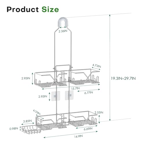 Sewulidon Stainless Steel Shower Caddy Hanging for Handheld Shower Heads,Rustproof Hose Shower Organizer Adjustable Length Shower Rack with 24 Hooks,Razor Holder,Soap Holder - color: New-Silver