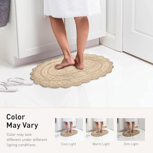 Beige Crochet Bathrug, 100% Cotton, 24x40 Inch | Oval Bathmat, artisanally Handcrafted Crochet Border, Large Rug, Master bathrooms, bathtubs, Bedside, Nursery - color: Beige, size: 2' x 3'4" (Oval)