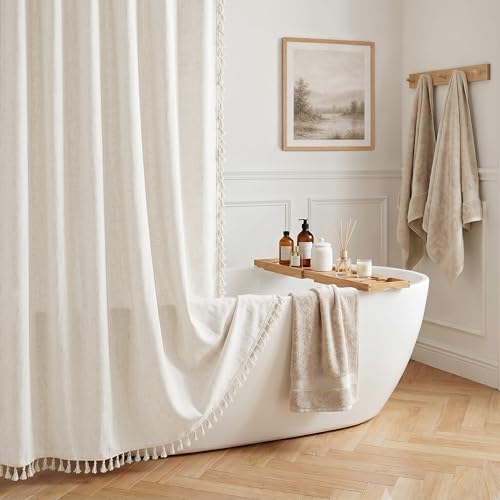 Cream Linen Shower Curtain with Tassels Water Repellent 72x72 Inch | Modern Elegant Bohemian Country Minimalist Style, Bathroom Decor Shower Curtains, Ivory Natural, Fabric Drapes, with Hooks - color: Natural - Tassels, size: 72"W x 72"L (Pack of 1)