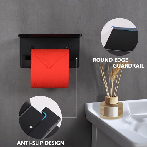 LANC Matte Black Toilet Paper Holder with Shelf, Bathroom Toilet Paper Roll Holder with Phone Shelf for Bathroom Wall Mount, Tissue Roll Holder Stainless Steel, A8367MB - color: Matte Black, size: Right