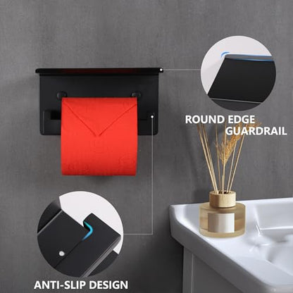 LANC Matte Black Toilet Paper Holder with Shelf, Bathroom Toilet Paper Roll Holder with Phone Shelf for Bathroom Wall Mount, Tissue Roll Holder Stainless Steel, A8367MB - color: Matte Black, size: Right