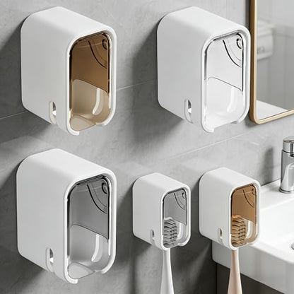 3pc Wall Mount Toothbrush Holder with Lid Self Adhesive No Drill | Clear Acrylic Dustproof Cover, Fits Electric Toothbrushes, Hygienic for Bathroom & Travel - size: 1 Gray, 1 White & 1 Beige