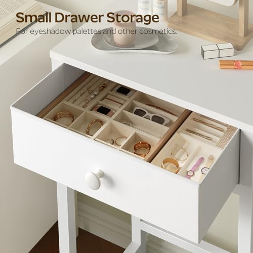 Small Vanity Desk Without Mirror, Makeup Vanity Table for Small Space, Compact White Dressing Table with Fold-up Panel and Fabric Drawer, for Bedroom, Easy Assembly, White
