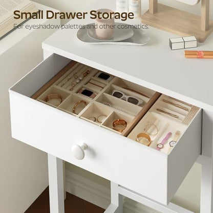 Small Vanity Desk Without Mirror, Makeup Vanity Table for Small Space, Compact White Dressing Table with Fold-up Panel and Fabric Drawer, for Bedroom, Easy Assembly, White