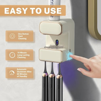 Automatic Toothpaste Dispenser, Electric Toothpaste Dispenser Multi-Function, Toothbrush Cleaner Wall Mounted with 3 Brush Slots, Toothbrush Organizer and Holder for Bathroom (Beige) - color: White