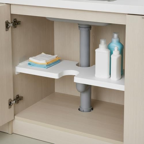 Adjustable Telescopic Tension Shelf for Under Sink Storage, No-Drill PP Plastic Cabinet Organizer Rack, White (1 Pack) - size: 3.94 x 1.97 x 1.97 in