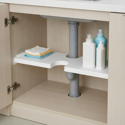 Adjustable Telescopic Tension Shelf for Under Sink Storage, No-Drill PP Plastic Cabinet Organizer Rack, White (1 Pack) - size: 3.94 x 1.97 x 1.97 in