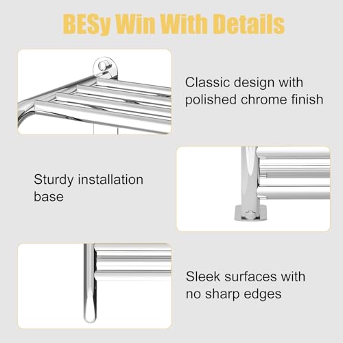 Adjustable Bathroom Towel Rack with Shelf, Towel Bar, Chrome | 15-25 Inch Lavatory Double Towel Bar, Hotel Style Rod with 4 Hooks, Multifunction Towel Holder Wall Mount, Stainless Steel - color: Chrome