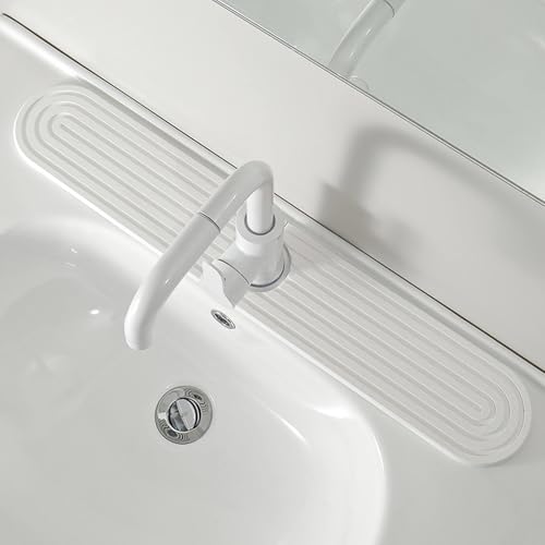 dophee Diatomite Fast Drying Stone Faucet Mat for Kitchen Sink, White | Sink Tray Faucet Splash Guard Absorbent Mat for Bathroom Counter, 23.3"x3.9" - color: White