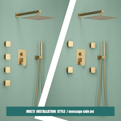 Hoimpro 12 Inch Rainfall Shower Faucet with 4 Full Body Shower Jet Fixtures Combo, Wall Mounted Shower System Set with Rain Mixer Shower Head and 2 in 1 Spray Handheld Showerhead, Brushed Gold - color: Brushed Gold
