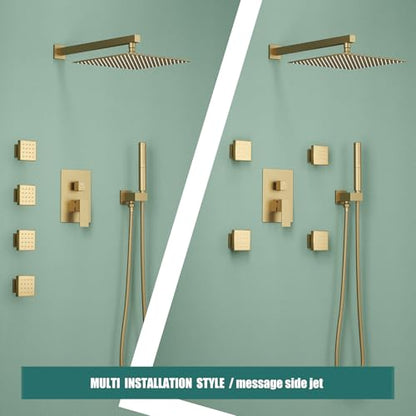 Hoimpro 12 Inch Rainfall Shower Faucet with 4 Full Body Shower Jet Fixtures Combo, Wall Mounted Shower System Set with Rain Mixer Shower Head and 2 in 1 Spray Handheld Showerhead, Brushed Gold - color: Brushed Gold
