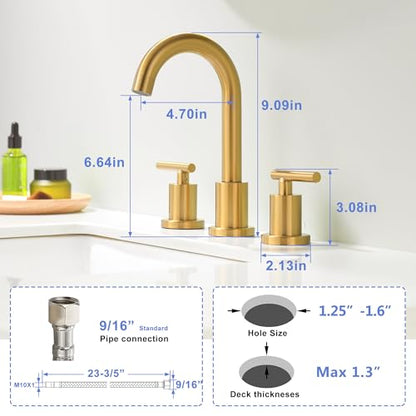 Brushed Gold Bathroom Faucet 3 Hole, 8 Inch Widespread Bathroom Sink Faucets 2 Handle Lavatory Faucet Gold Vanity Faucet with Pop-Up Drain & cUPC Faucet Supply Lines - color: Gold