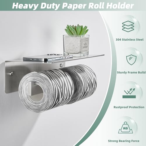 Dual Roll Toilet Paper Holder, Brushed Nickel, 304 Stainless Steel | Multiuse Top Shelf, Air Freshener & Tissue Storage, Space-Saving Wall Design, Home & Office Restroom Use - color: Brushed Nickel, size: Double Rod