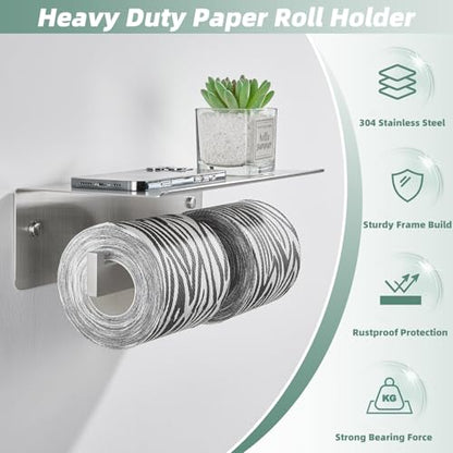 Dual Roll Toilet Paper Holder, Brushed Nickel, 304 Stainless Steel | Multiuse Top Shelf, Air Freshener & Tissue Storage, Space-Saving Wall Design, Home & Office Restroom Use - color: Brushed Nickel, size: Double Rod