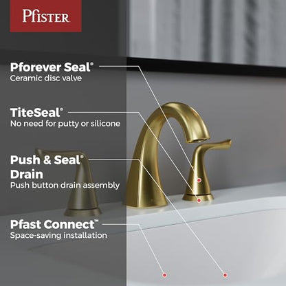 Pfister Willa Bathroom Sink Faucet 8 in Widespread 3 Hole Double Handle Brushed Gold Finish NSF Certified Push & Seal Drain TiteSeal Technology Vanity Faucet LF049MALBG - color: Brushed Gold, size: 1 Pack