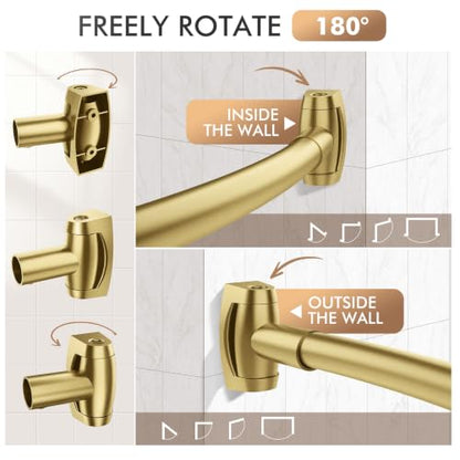 Curved Shower Curtain Rod for Bathroom, 40-72 Inches Adjustable Shower Rod | Rustproof Shower Curtain Rod with Rotating Brackets for Extra 30% Large Shower Space, 0.9MM thickness, Need to Drill, Gold - color: Gold
