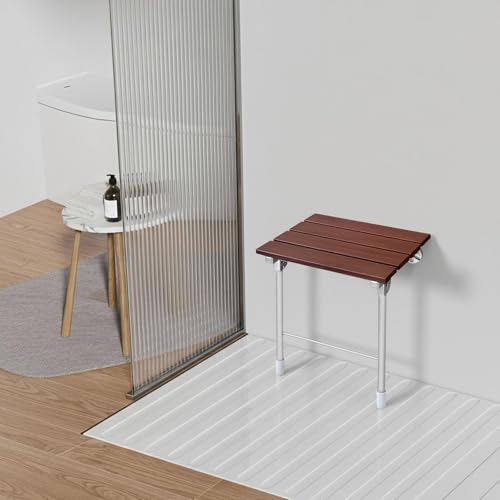 Wall Mounted Folding Shower Chair Heavy Duty Bath Seat Bathroom Safety Stool Space Saving Fold Down Shower Bench Wooden Stainless Steel Support 352lbs Anti Slip Bathroom Seat For Elderly Disabled 14.9