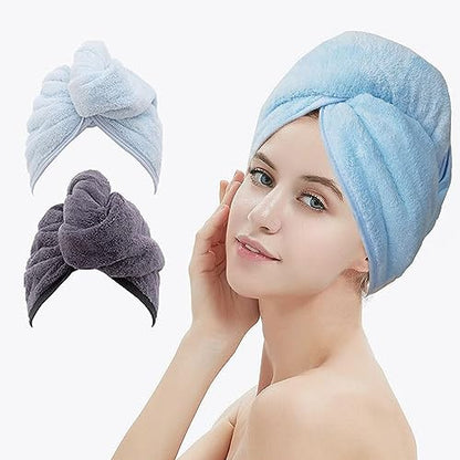 M-bestl 2 Pack Hair Drying Towels, Hair Towel Wrap,Absorbent Microfiber Hair Towel Turban with Button Design to Dry Hair More Quicker(Blue&Dark Gray) - color: Blue&dark Gray