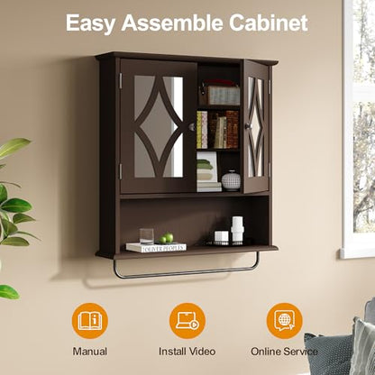 RoyalCraft Bathroom Medicine Cabinet Wall Mounted, Over the Toilet Storage Cabinet with Towel Rack and Adjustable Shelf, Large Bathroom Towel Cabinet Wall Mount 22x25 inch (Brown) - color: Brown