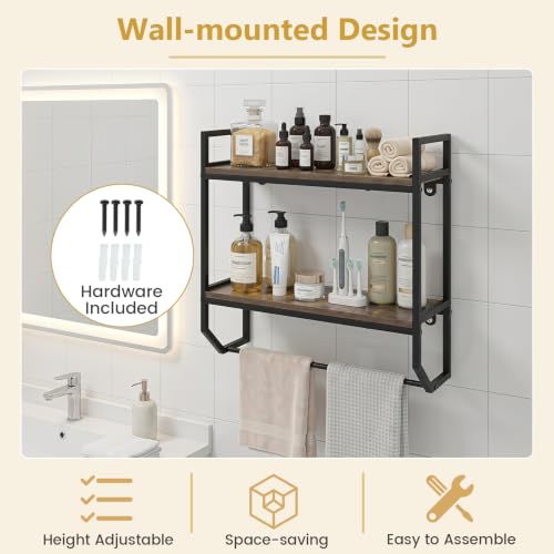 Giantex Bathroom Shelf with Towel Bar, Industrial Wood Wall Mounted Shelves | 2-Tier Over the Toilet Storage Organizer, Metal Floating Shelf with Towel Holder for Bathroom, Kitchen, Living Room, Gray Oak - color: Gray Oak
