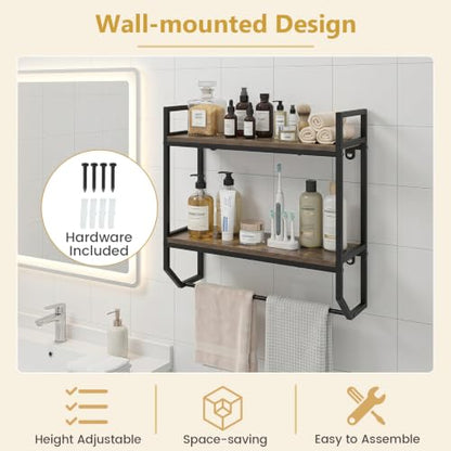 Giantex Bathroom Shelf with Towel Bar, Industrial Wood Wall Mounted Shelves | 2-Tier Over the Toilet Storage Organizer, Metal Floating Shelf with Towel Holder for Bathroom, Kitchen, Living Room, Gray Oak - color: Gray Oak