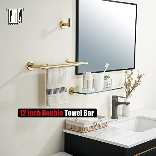 JQK Double Towel Bar Gold, 15 Inch 304 Stainless Steel Thicken 0.8mm Towel Rack Holder for Bathroom Washcloths and Hand Towels, Brushed Gold Wall Mount, Useable Length 12 Inch, TB100L12-BG - color: Brushed Gold, size: 15 Inch