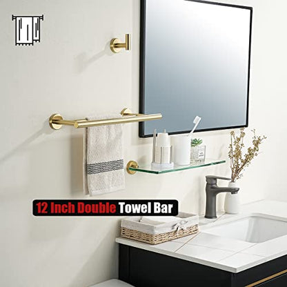 JQK Double Towel Bar Gold, 15 Inch 304 Stainless Steel Thicken 0.8mm Towel Rack Holder for Bathroom Washcloths and Hand Towels, Brushed Gold Wall Mount, Useable Length 12 Inch, TB100L12-BG - color: Brushed Gold, size: 15 Inch