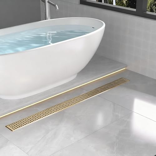 60 Inch Linear Shower Drain - Brushed Gold, with Removable Grate | AISI 304 Stainless Steel Shower Drain, Long Rectangle Shower Floor Drain with Adjustable Feet, Fits Bathroom & Balcony etc - color: Brushed Gold, size: 60 in