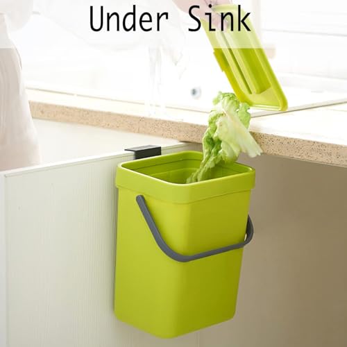 LALASTAR Small Plastic Trash Can, Hanging Small Trash Can with Lid Under Sink for Kitchen, Food Waste Bin for Countertop, Mountable Garbage Can for Bathroom, RV, 5L/1.3 Gal, Green - color: Green