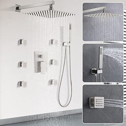 Enga Shower System with Body Jets 12 Inch Wall Mounted Rain Shower and Handheld Sprays Brass Full Body Massage Spa Jets Contain Rough-in Shower Valve, Brushed Nickel - color: Brushed Nickel, style: Wall Mount - 6 Jets