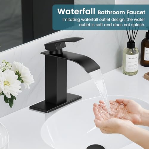 Bathroom Faucets Black Waterfall Single Handle Bathroom Sink Faucet | with Pop-up Drain & Deck,Supply Hoses,Matte Black Single Handle Vanity Faucet,Stainless Steel,1 or 3 Hole,RV,Fits Home - color: A-Matte Black, style: Short