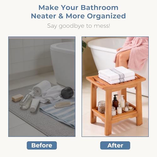 DUMOS 14" Woodern Shower Bench for Inside Shower, Waterproof Bathroom Bench | Shower Chair for Shaving Legs and Spa, Non-Slip Solid Wood Shower Stool with Handles for Senior Adult Disabled Elderly, Brown - size: 13.98"W