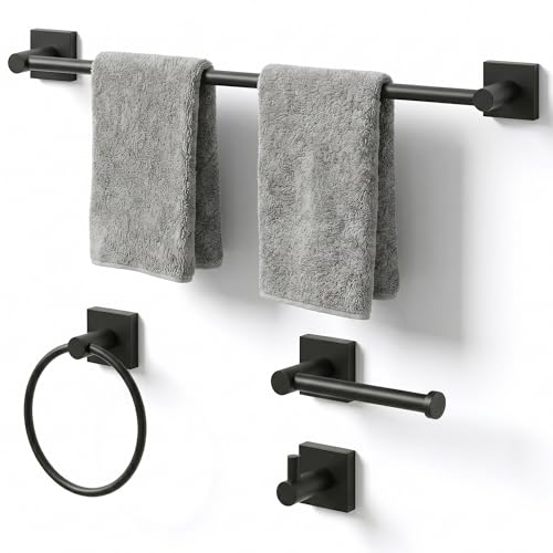 24-Inch Wall Mounted Towel Racks for Bathroom – Space Saver 4-Piece Durable Stainless Steel Bathroom Hardware Set with Towel Bar, Towel Ring, Toilet Paper Holder & Hook, Matte Black - color: Black