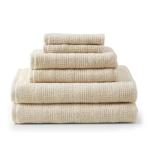 Martha Stewart - Bath Towels, Soft & Absorbent 100% Cotton Towels, Solid 500 GSM, 6-Piece Bathroom Towel Set with Textured Weave (Bedford Cottage Beige) - color: Bedford Cottage Beige